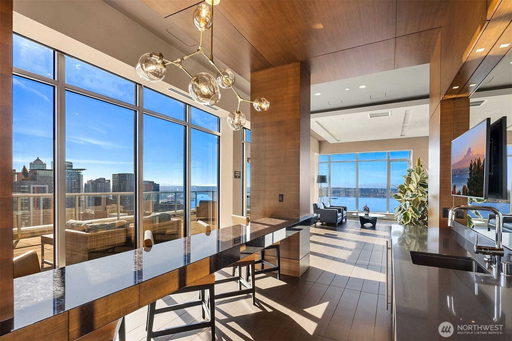 583 Battery Street, #3604N, Seattle, WA 98121 Rooftop Sky Retreat on the 41st floor with a Bar and kitchen next to a lounge on one side and ballard table on the opposite side