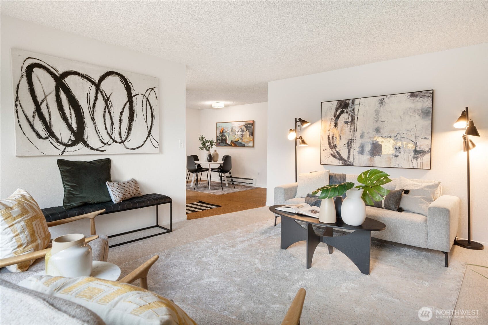 The living room opens to the eat in kitchen.