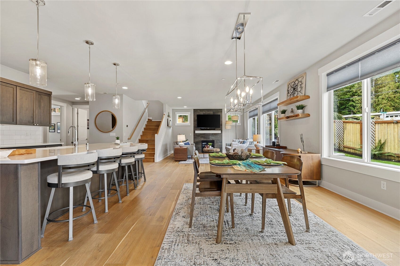 Dining, kitchen and living as seen from the patio door