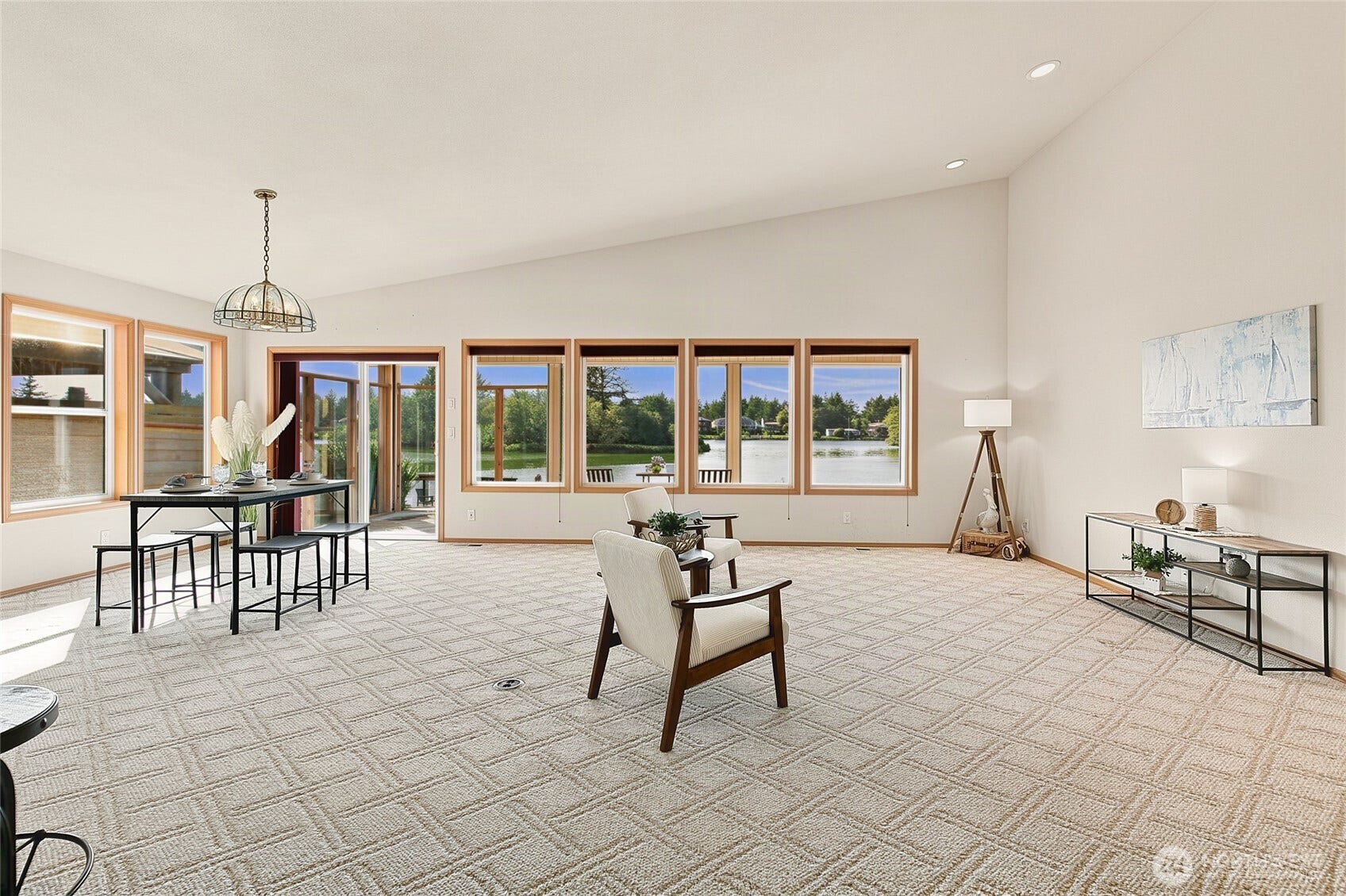Large living room with cathedral ceilings
