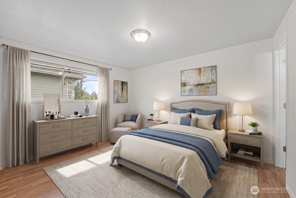 15425 SE 11th Street, Bellevue, WA 98007 Master Bedroom with attached 3/4 bathroom Virtually Staged