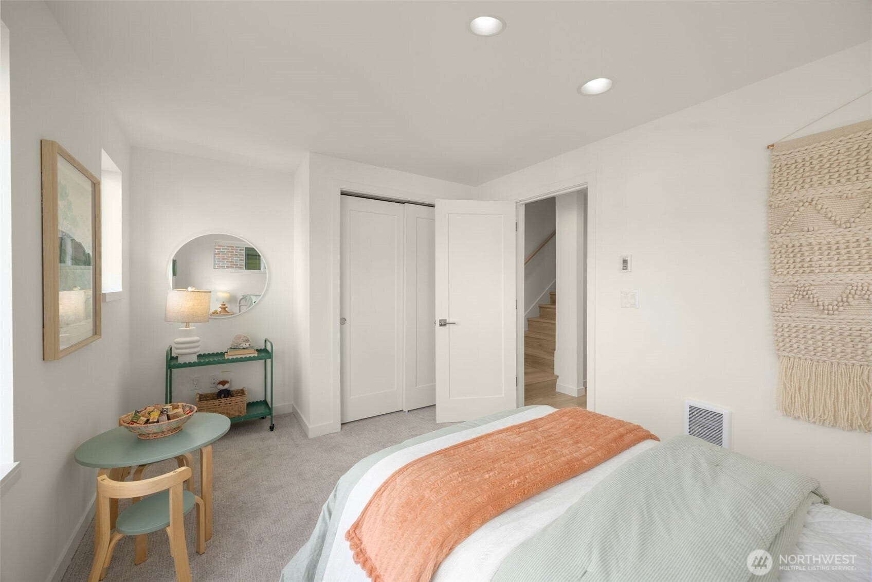 Bedroom with soft natural light and recessed lighting