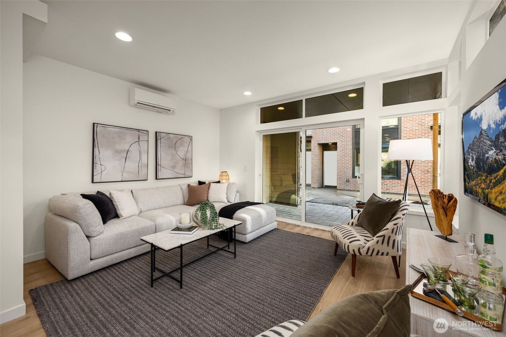 Living room with a wall of windows