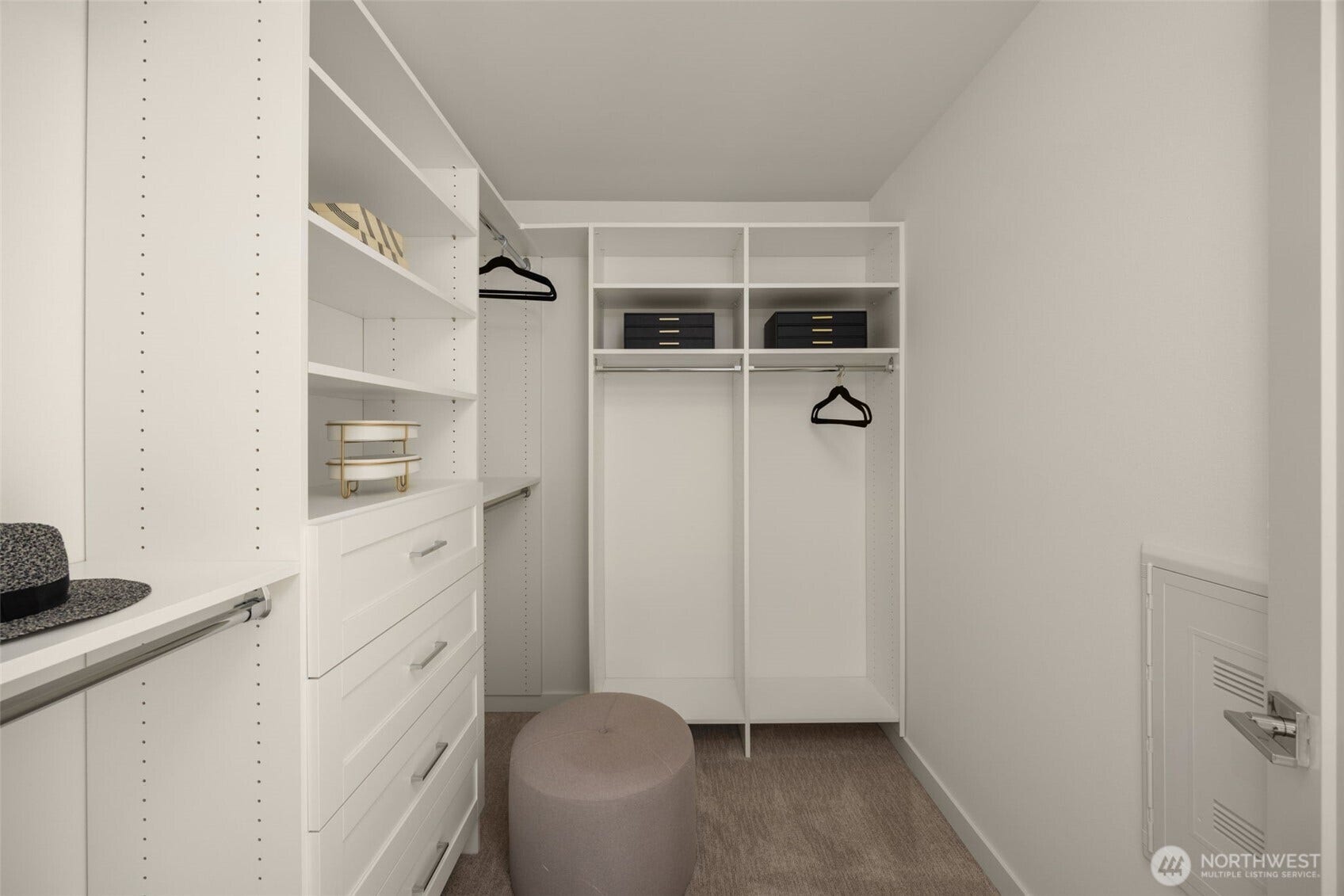 Walk-in closet with custom built-in shelving