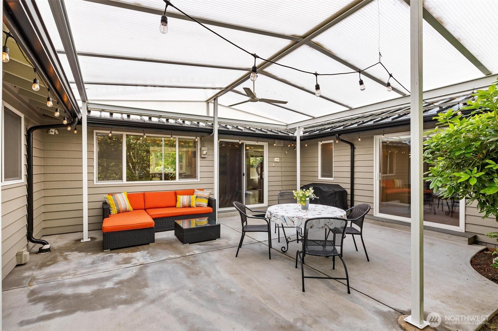 Covered patio overlooking the established garden