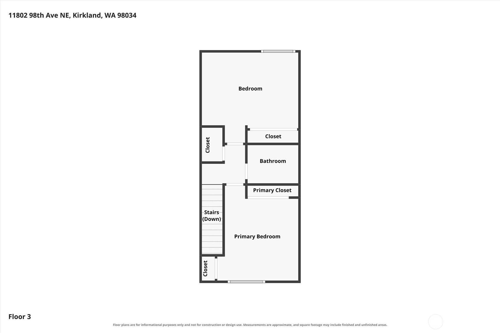 11802 98th Avenue NE, #B6, Kirkland, WA 98034 Upper level floor plan. See the Zillow Showcase for the complete 3D tour.