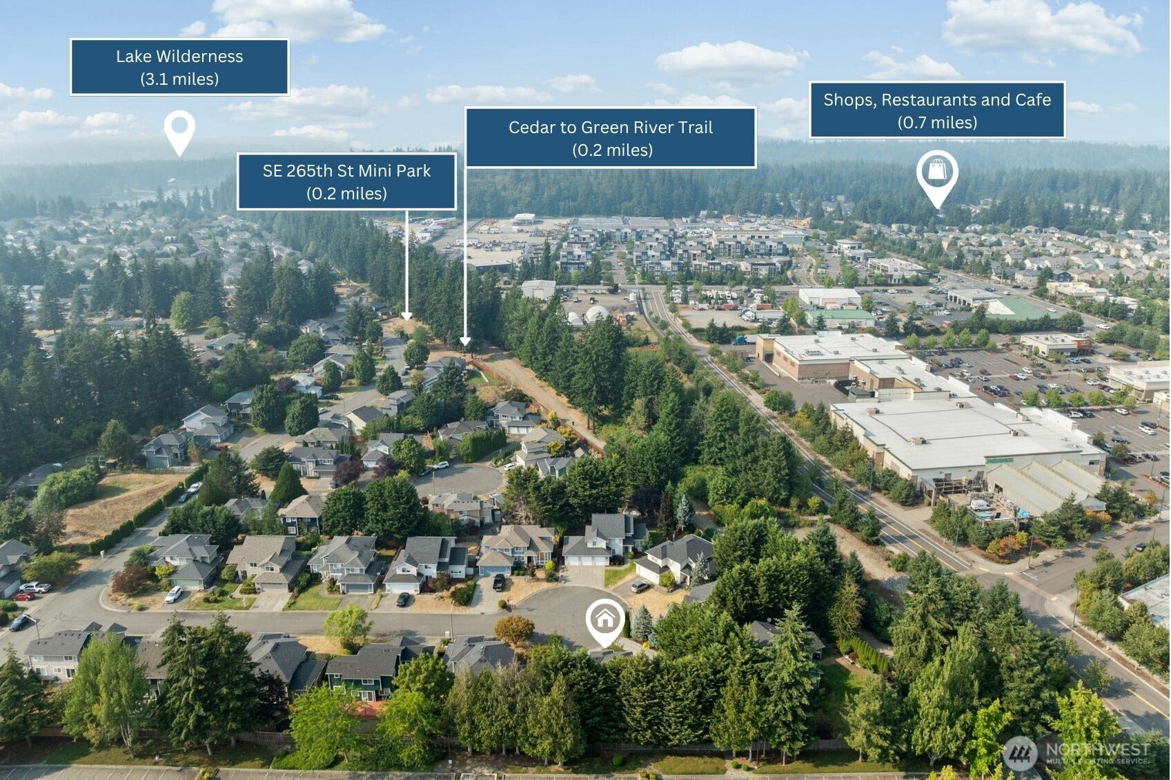 Outdoor recreation and daily conveniences are close at hand, with the Cedar to Green River Trail and SE 265th St Mini Park just 0.2 miles away. Shops, restaurants, and cafs are only 0.7 (level) miles away, while Lake   Wilderness is 3.1 miles from home.