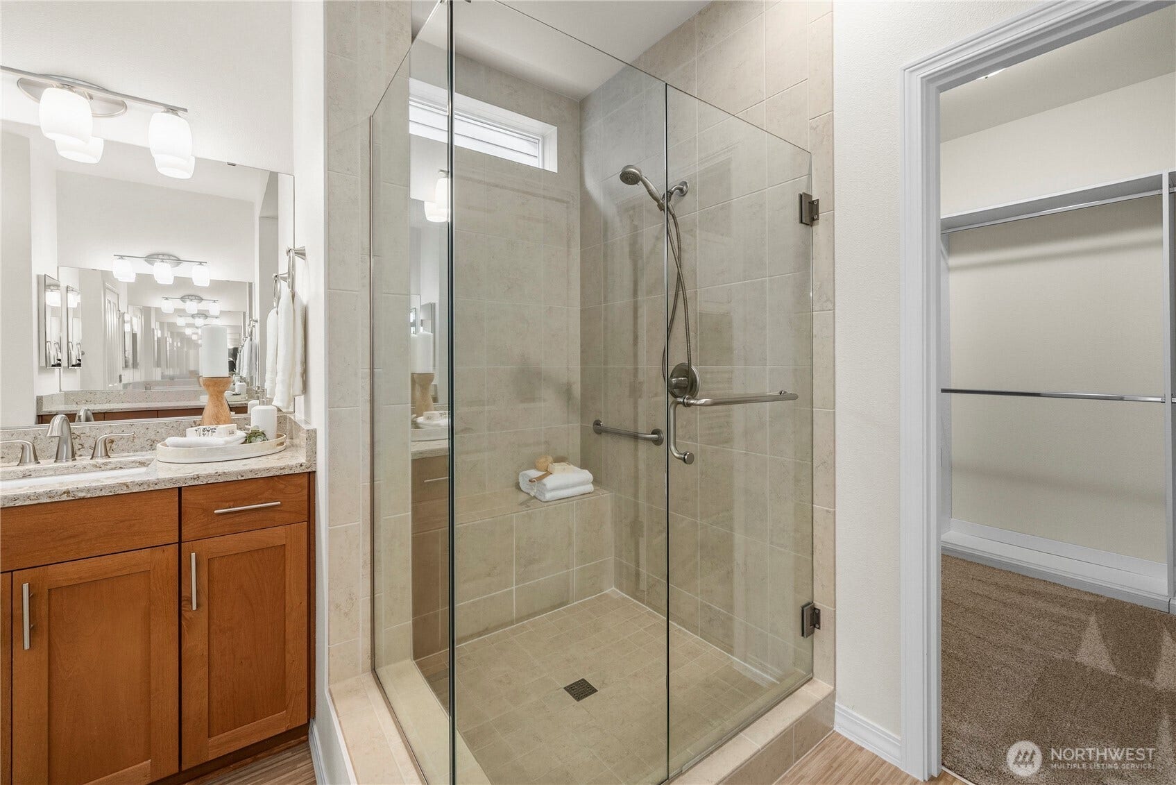 19014 146th Street E, Bonney Lake, WA 98391 The fully tiled shower with a bench and a Niche.