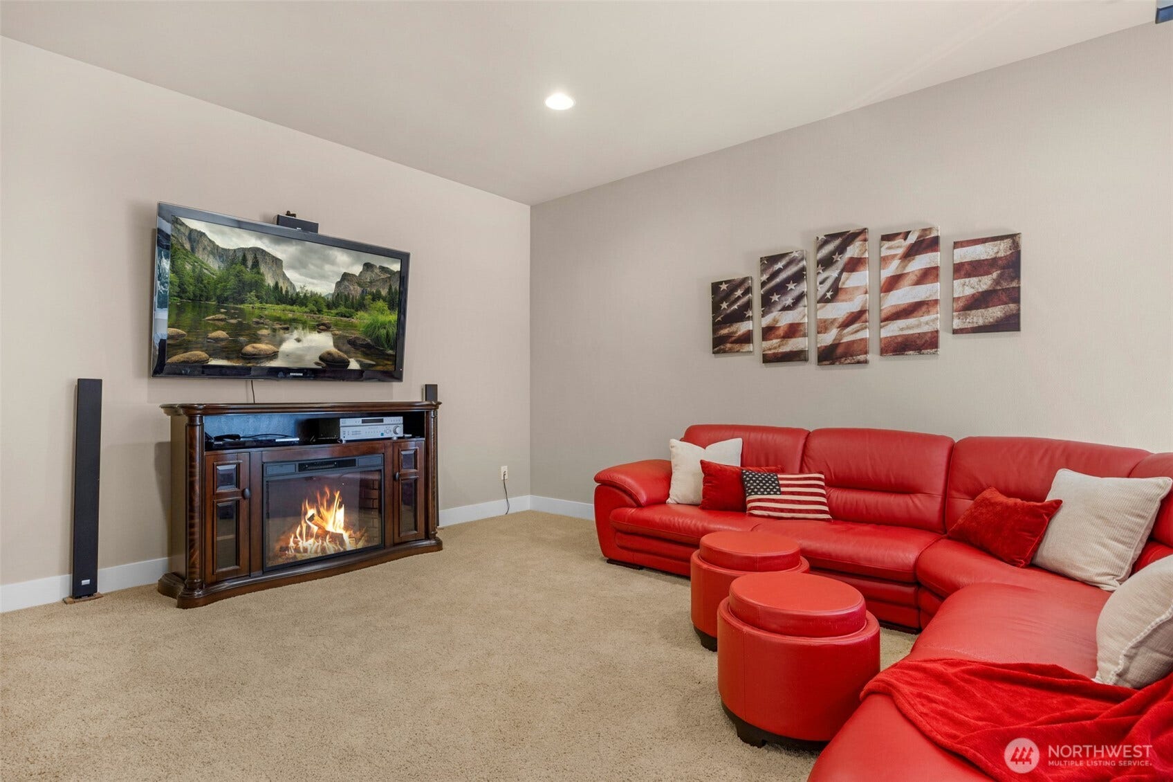 Large media room with wet bar.
