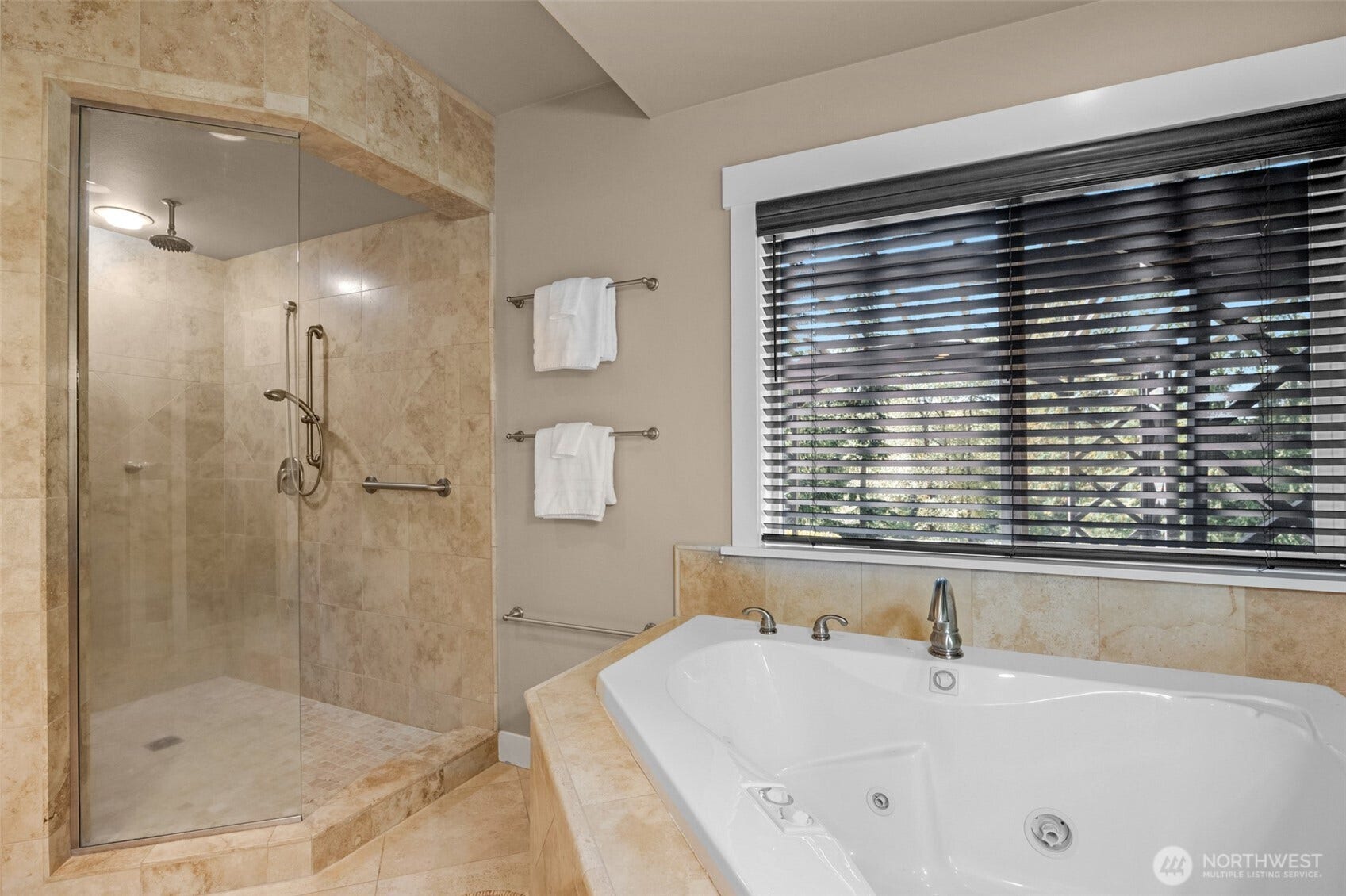 Primary luxury bathroom with jetted tub and separate shower