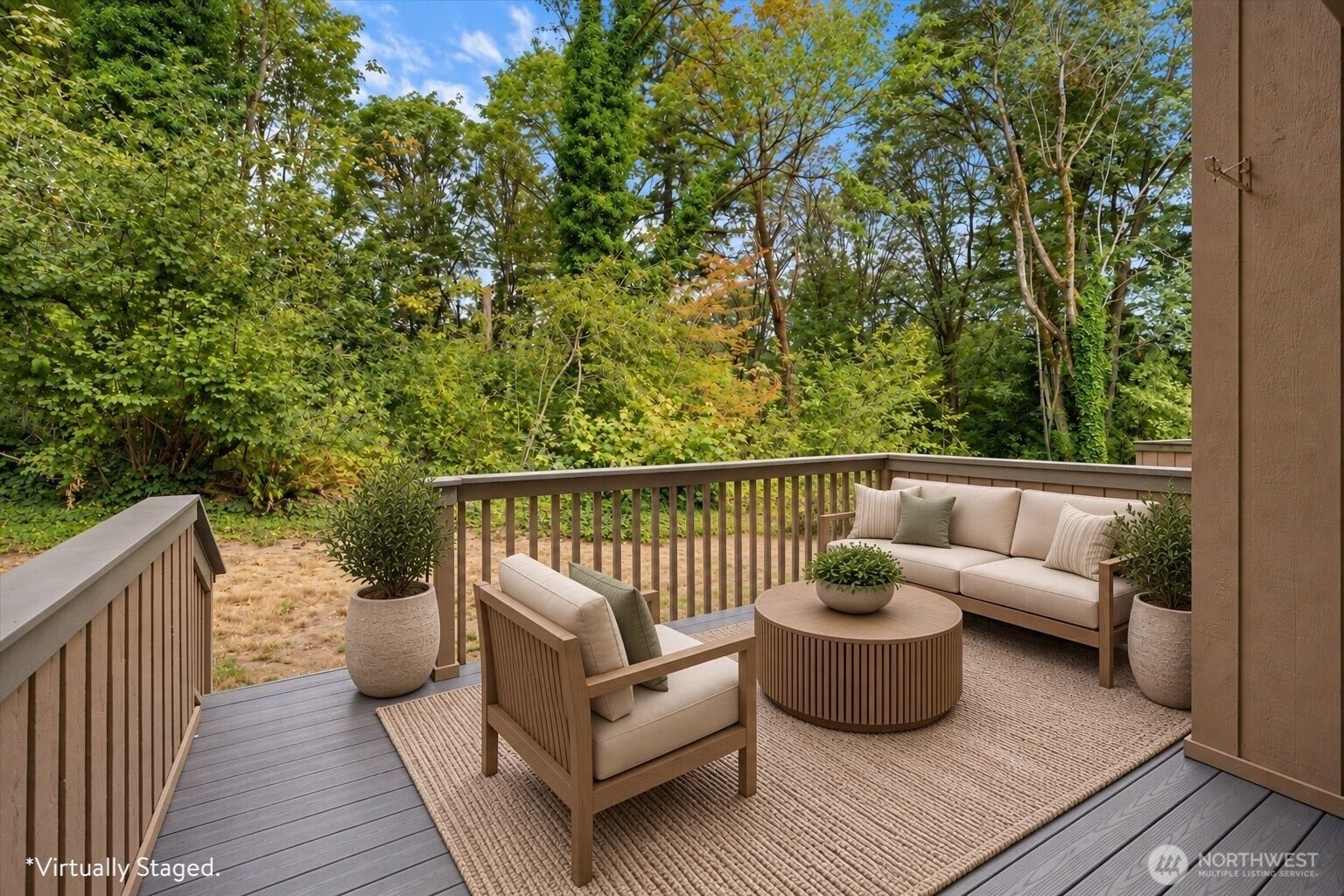 Virtually Staged - Brand new composite decking installed in 2025. Peaceful greenbelt with frequent wildlife spottings. End unit feels secluded and private.