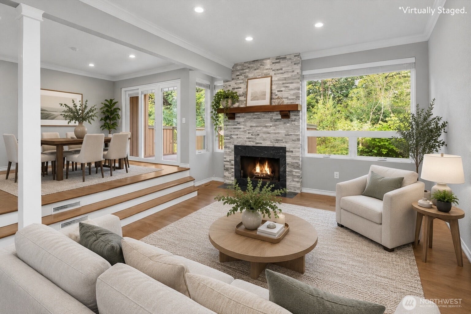 Virtually Staged -Spacious living and dining area.