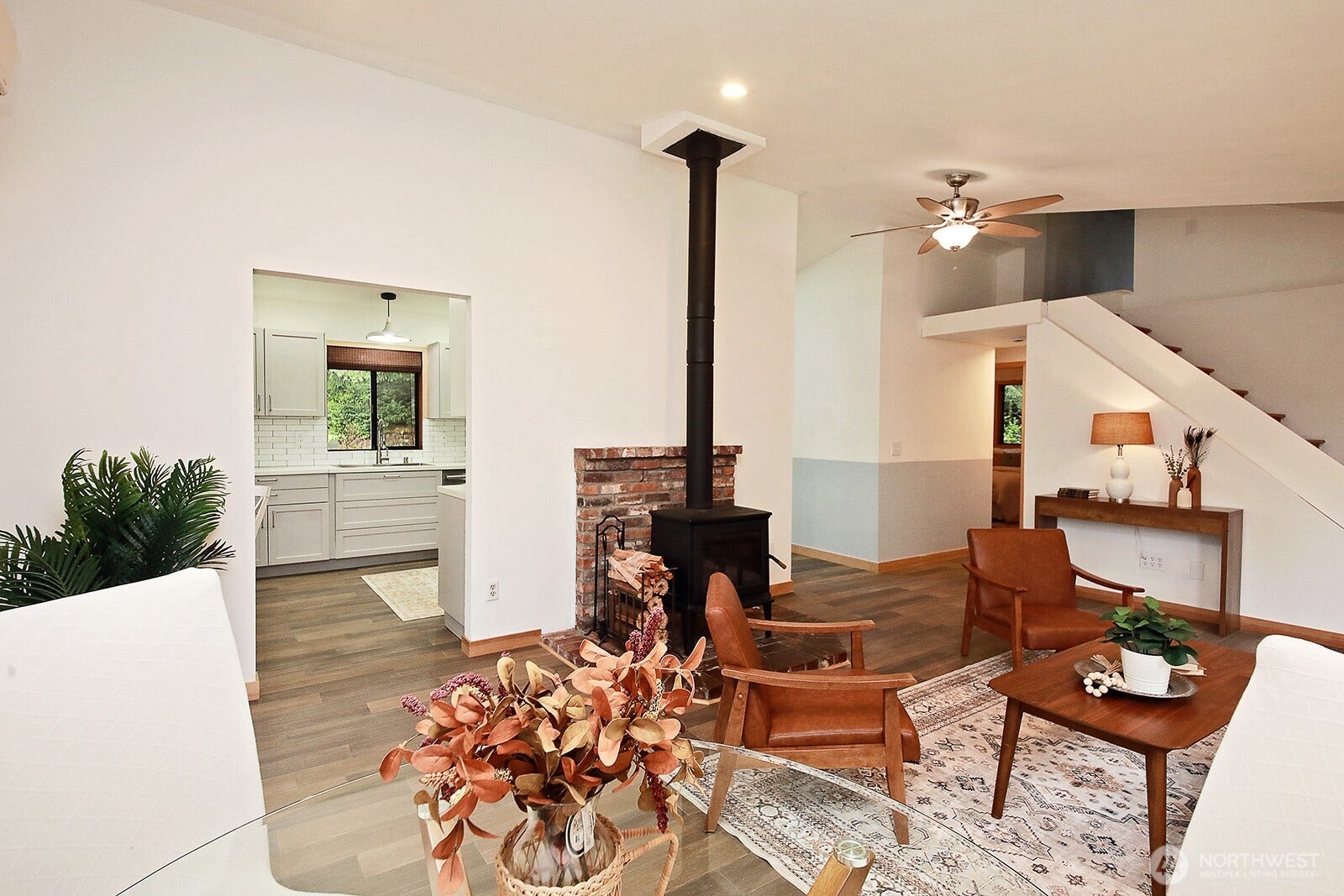 Another perspective of the living room. Let's go check out the remodeled kitchen.