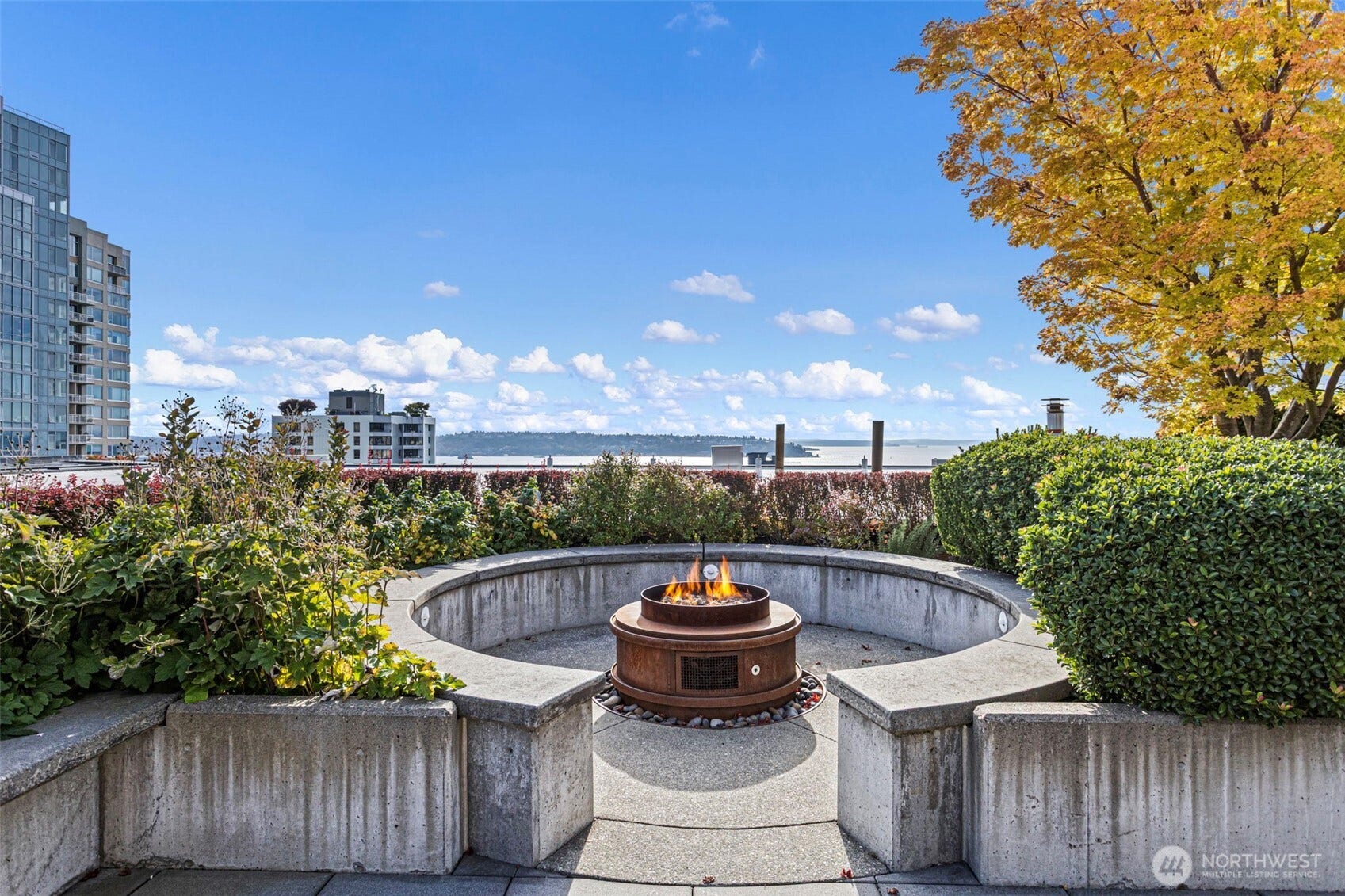 Fire pit on common rooftop.