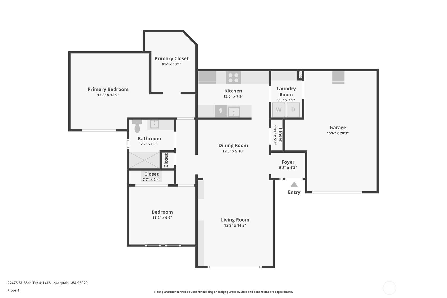 22475 SE 38th Terrace, #1418, Issaquah, WA 98029 Floorplan is for informational purposes only. Buyer to verify dimensions.