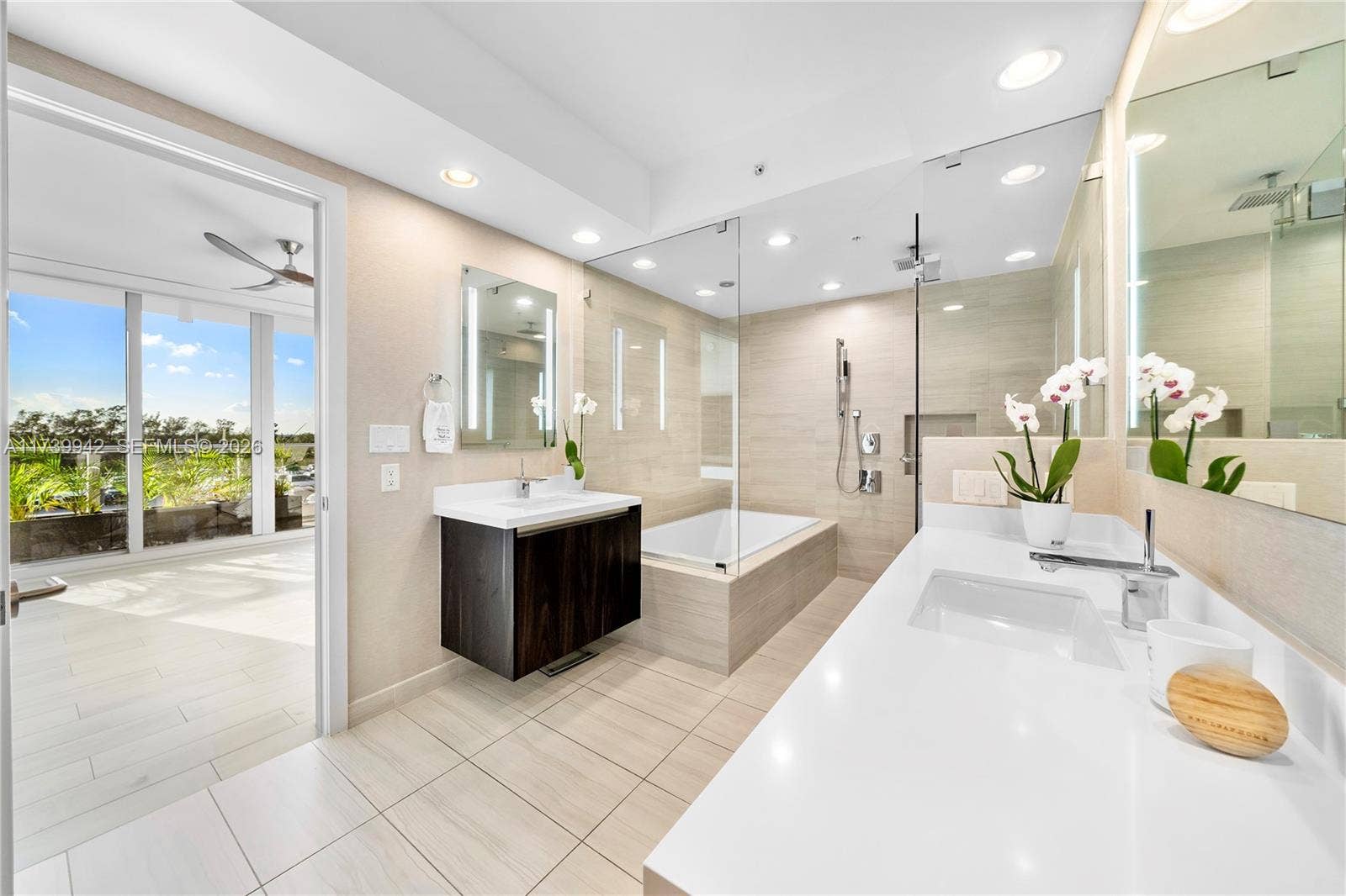 1180 N Federal Highway, #605, Fort Lauderdale, FL 33304 Primary Bath with Dual Backlit Vanities, Shower & Soaking Tub