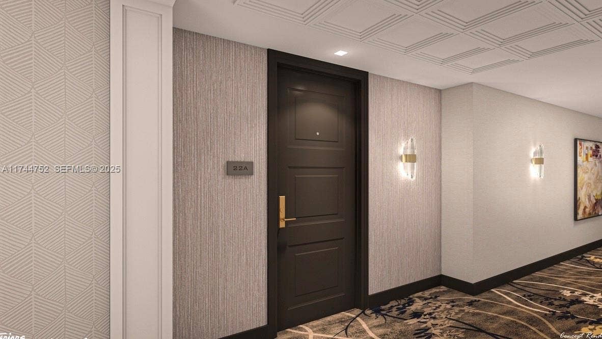 New Entrance, with new: walls, wallpaper, doors, lighting, carpets, ceilings, description unit number and art.