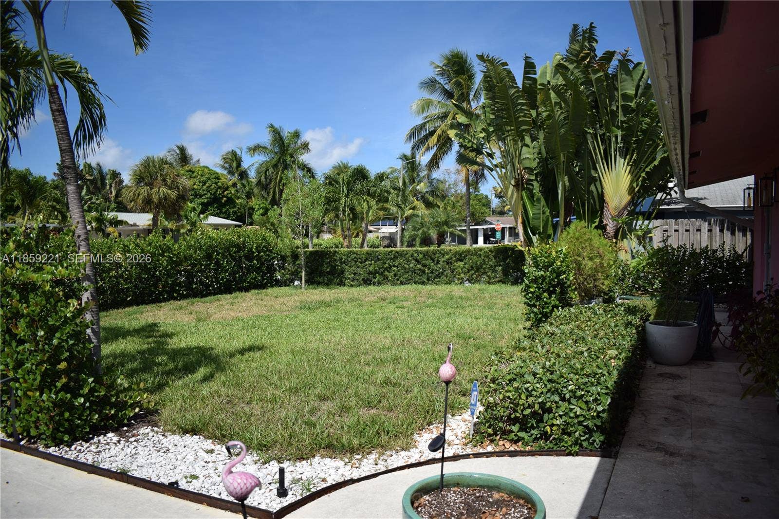 524 NE 27th Drive, Wilton Manors, FL 33334 Private front yard framed by lush hedges, offering the perfect setting for a future pool oasis
