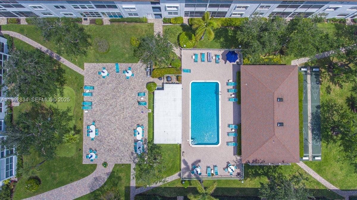 Aerial view of pool and courtyard area