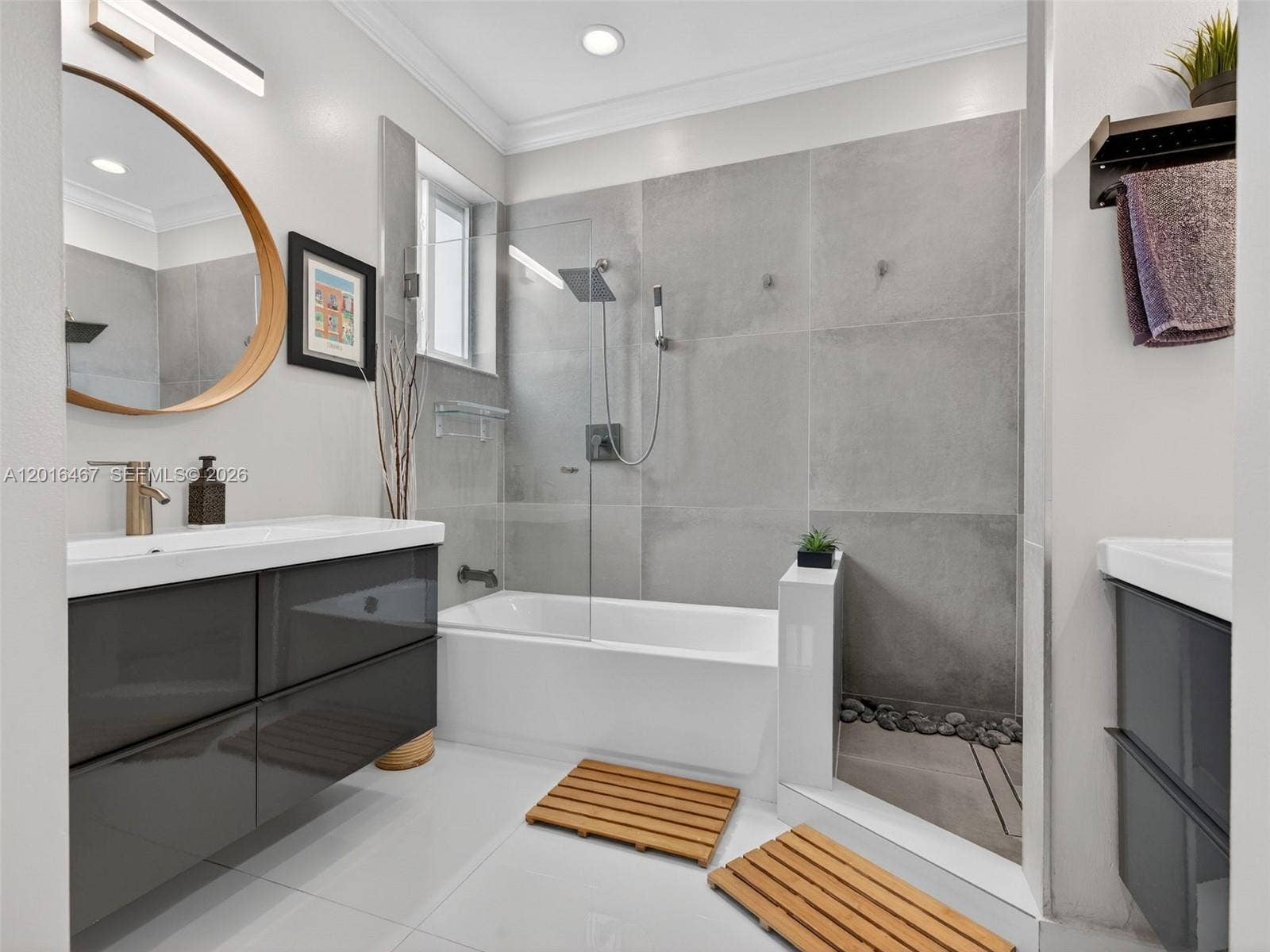 double sinks and separate shower are and soaking tub.