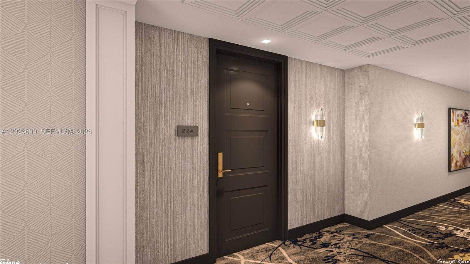 9801 Collins Avenue, #11M, Bal Harbour, Bal Harbour, FL 33154 Unit 11M entrance with new wallpaper, carpet, ligthing and more
