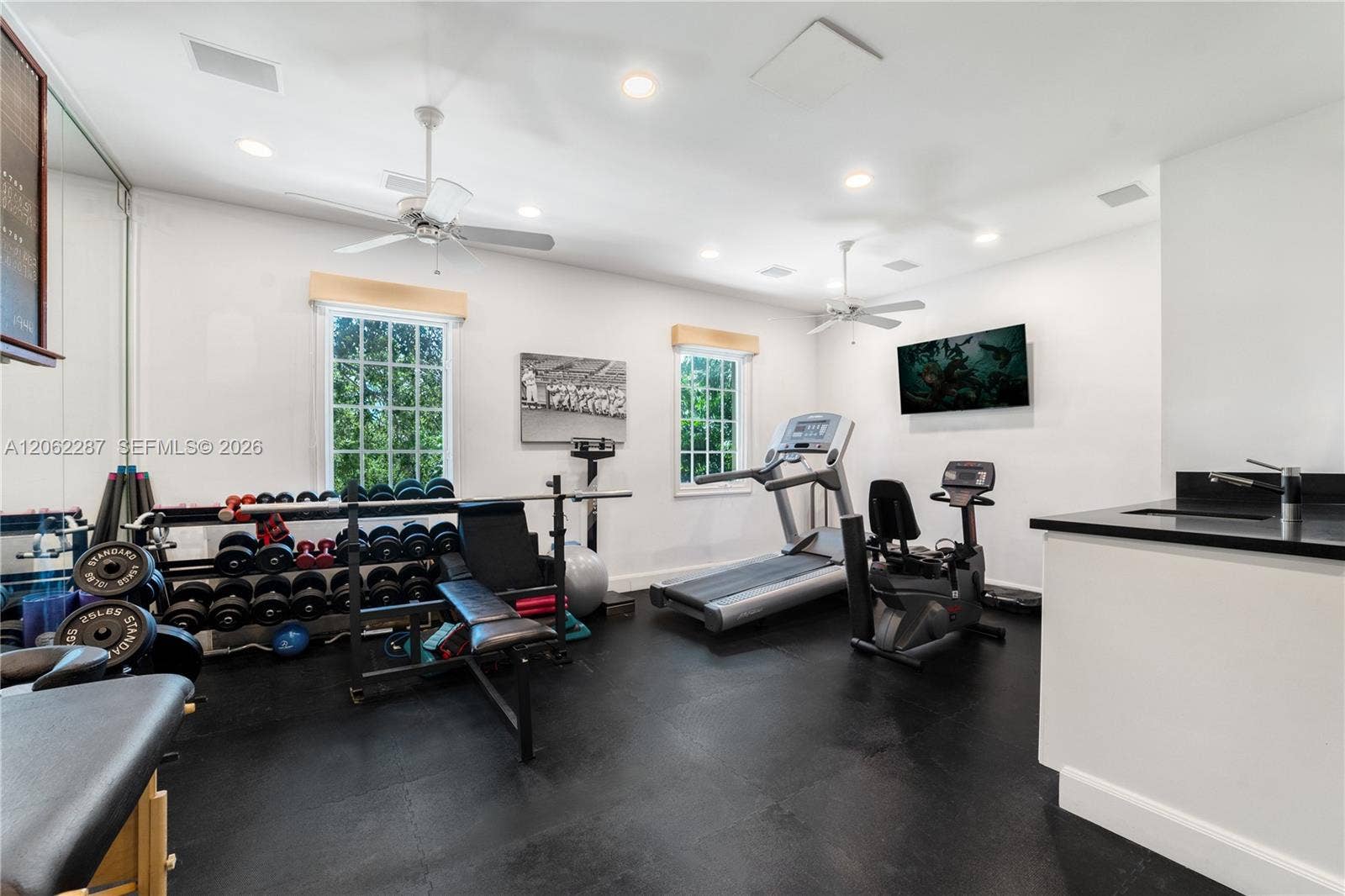 Room featuring durable rubberized flooring, recessed lighting, dual ceiling fans, multi-pane windows, and built-in cabinetry with a countertop and sink