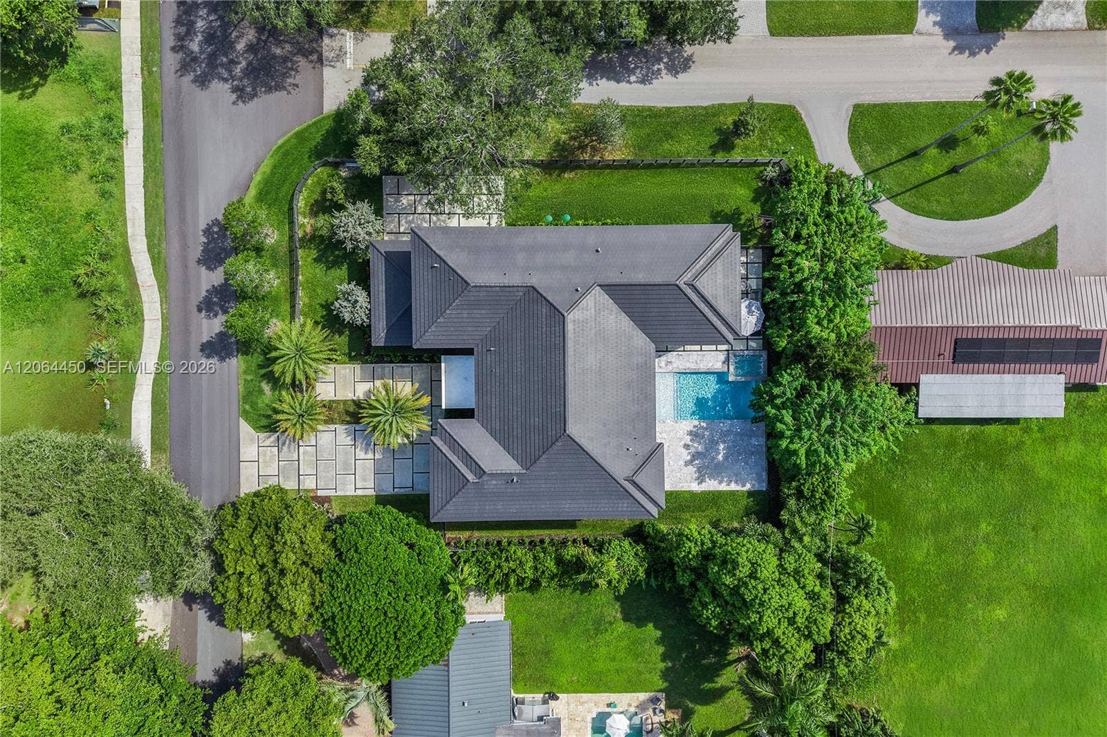 Overhead aerial showing the home, pool, and generous lot within a mature tree canopy
