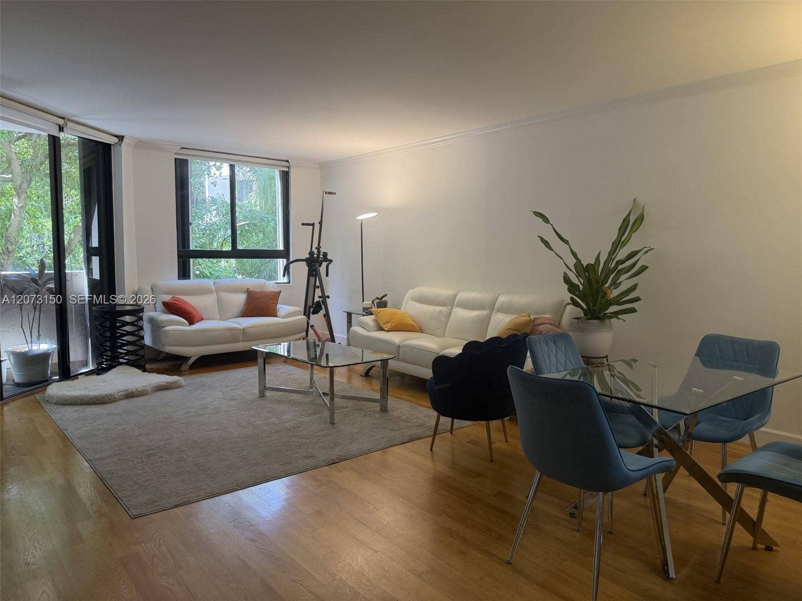 141 Crandon Boulevard, #243, Key Biscayne, Key Biscayne, FL 33149 Open-concept living space featuring wood-finish flooring, floor-to-ceiling sliding glass doors, and expansive windows