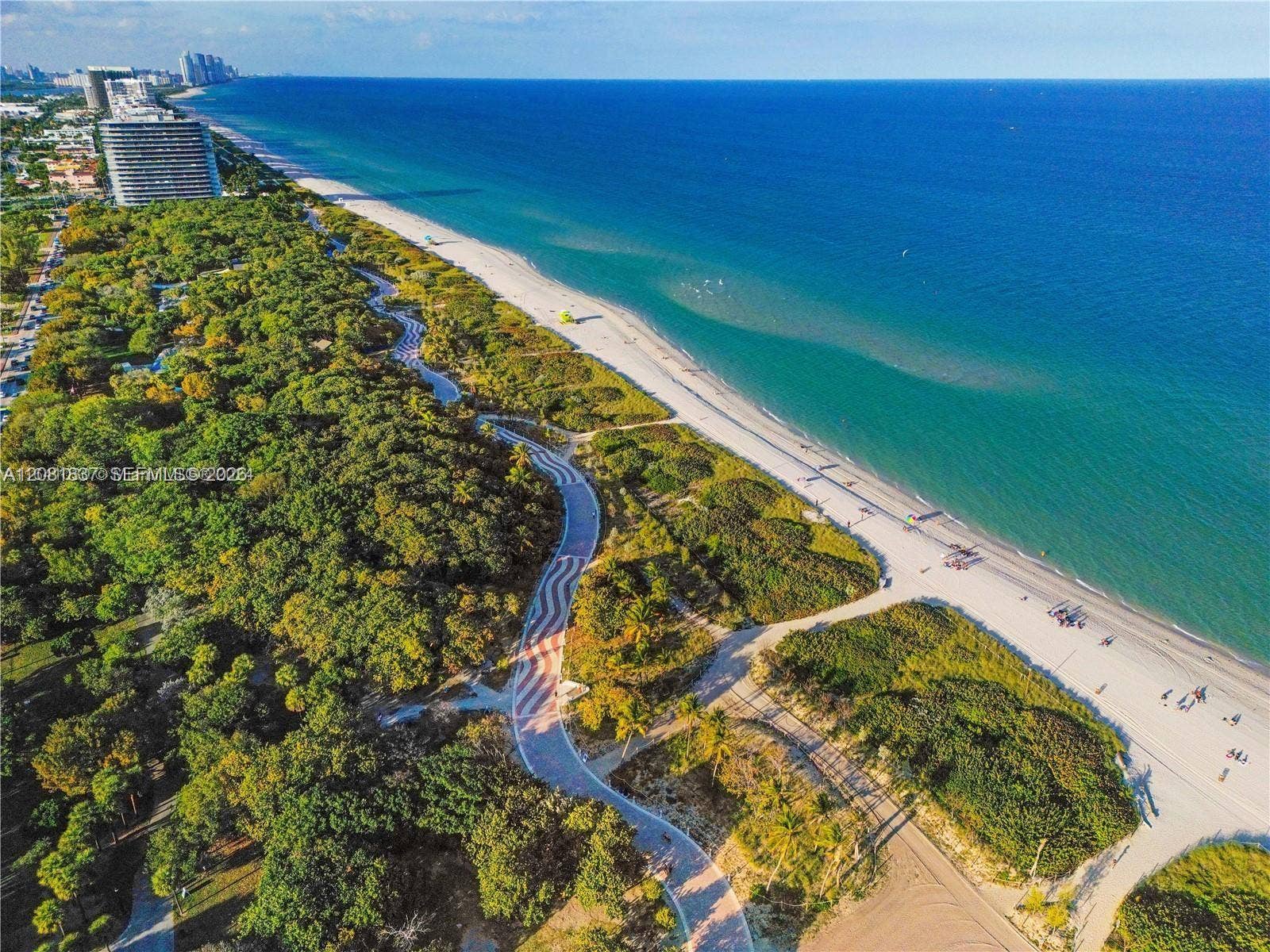 8233 Harding Avenue, #707, Miami Beach, Miami Beach, FL 33141 Coastal landscape featuring an extensive sandy beach, mature vegetation, and a paved serpentine pathway