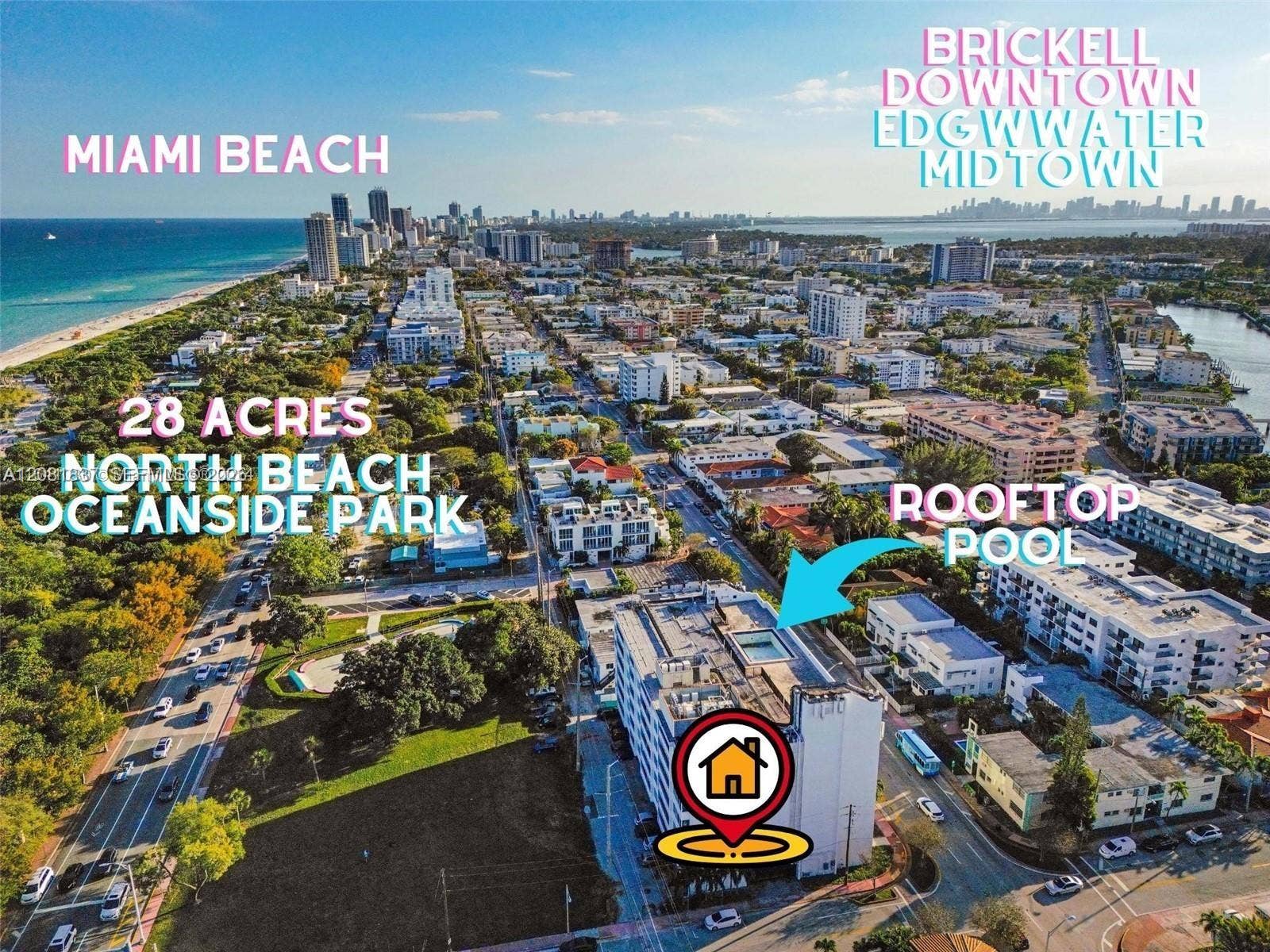8233 Harding Avenue, #707, Miami Beach, Miami Beach, FL 33141 Aerial perspective of the property featuring a rooftop pool, situated in proximity to North Beach Oceanside Park and regional coastal landmarks