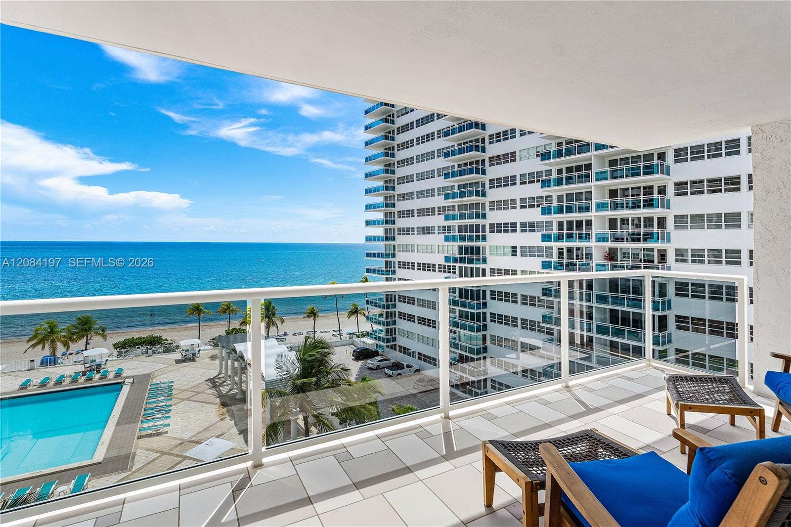 Views from Living Room, Dining Room, Kitchen and Balcony Wide and Long Balcony view facing Pool and Ocean