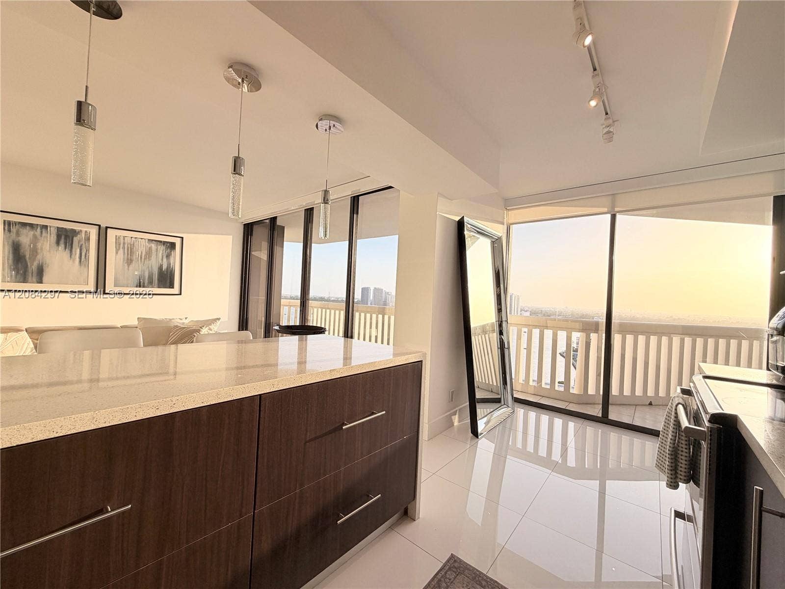 kitchen with view to living room and open countertop