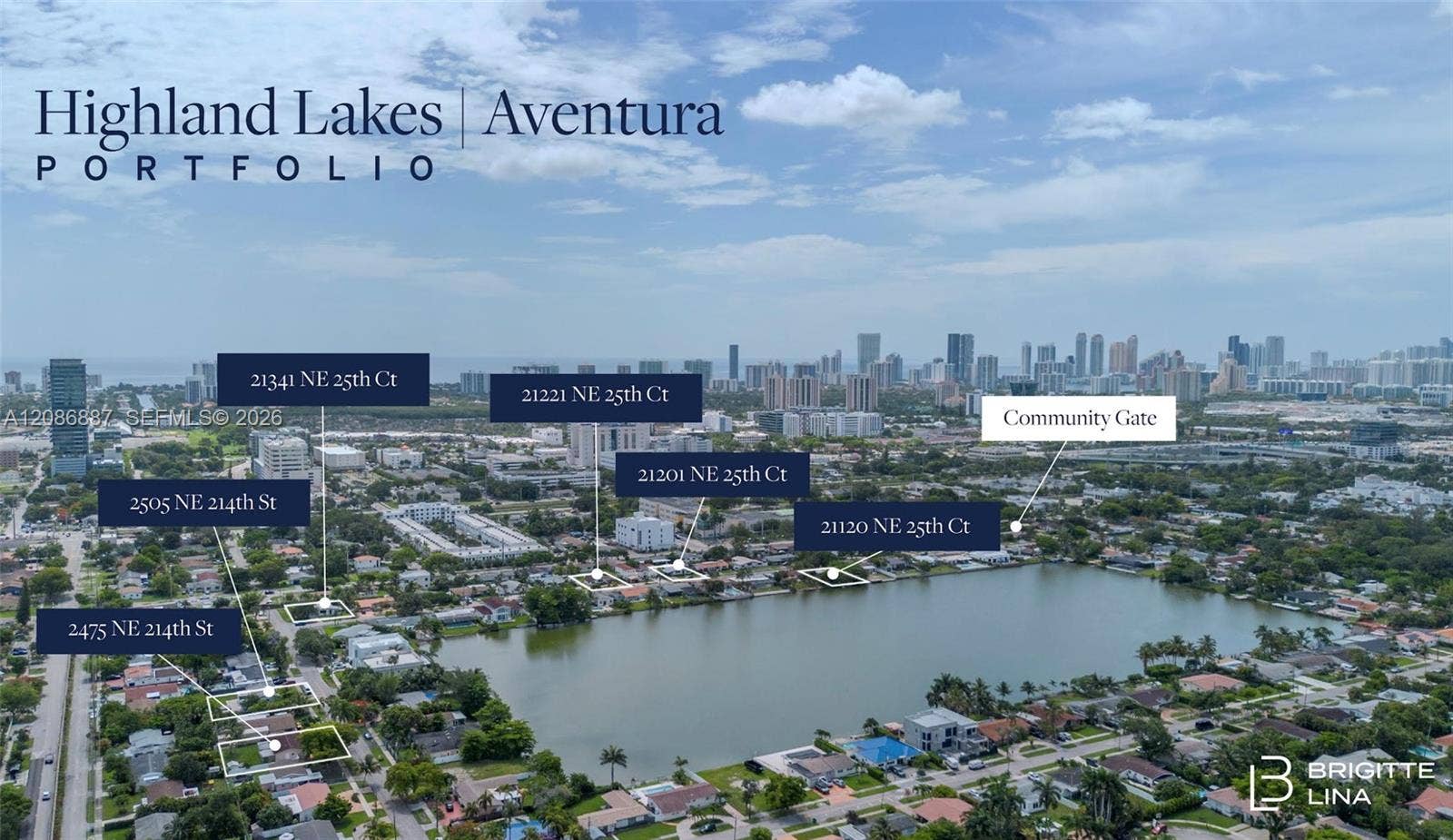 Aerial perspective of the Highland Lakes community featuring waterfront residential lots and gated entry access