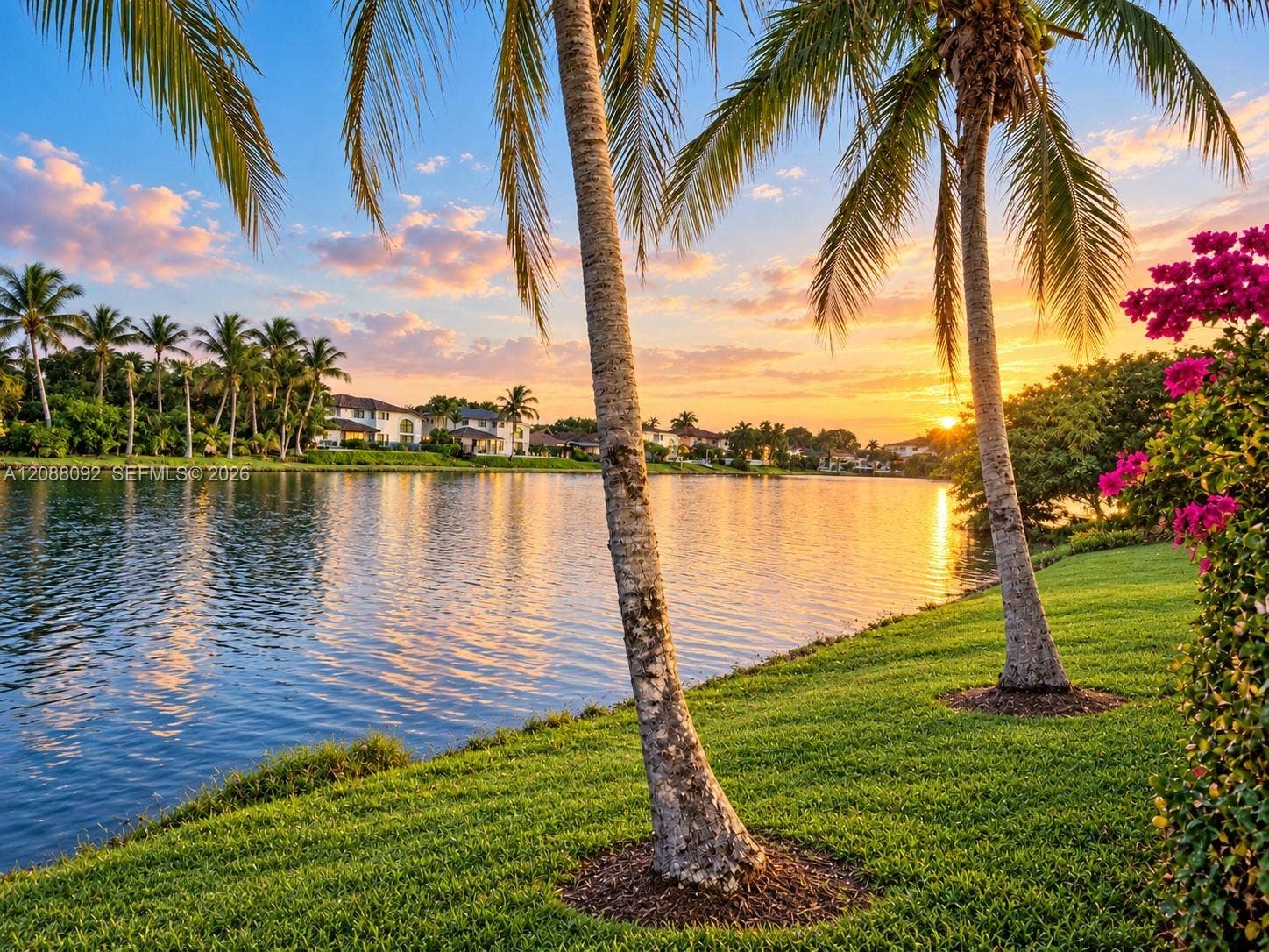Golden sunrise light dances across the lake, framed by graceful palms and lush tropical gardens. Gentle reflections and soft morning colors create a peaceful setting to welcome each new day.
