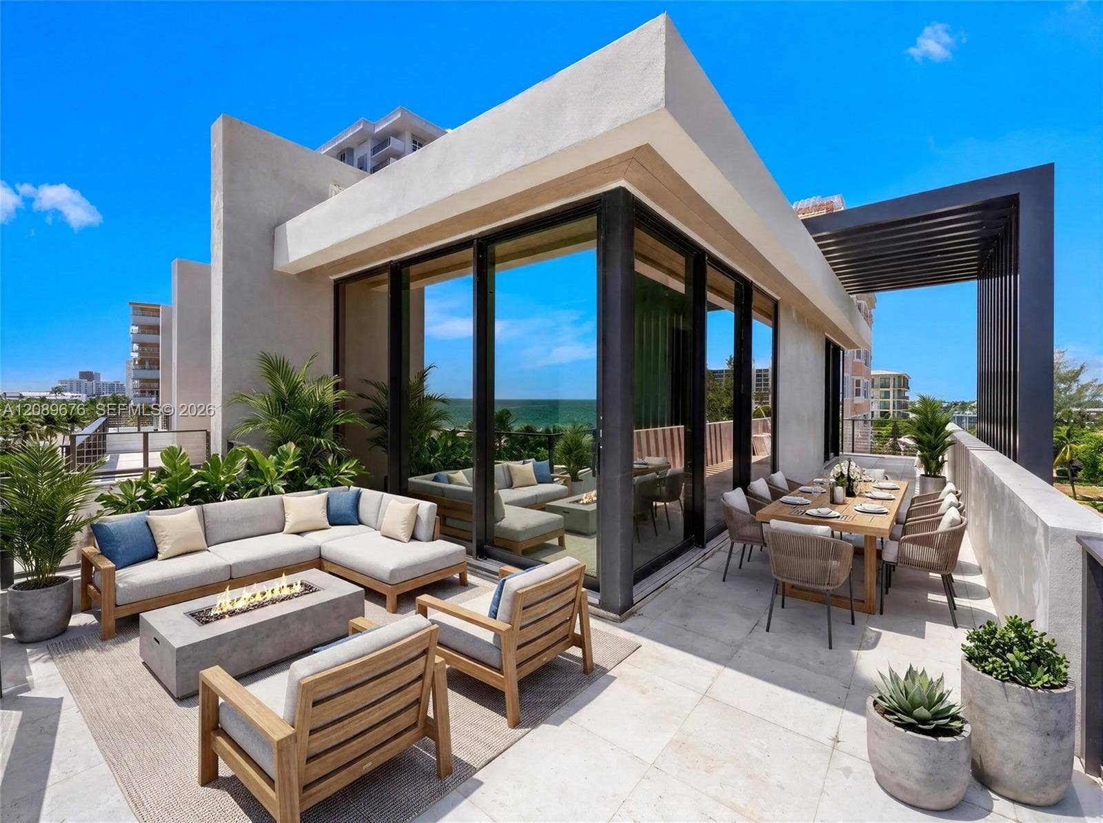 497 N Ocean Boulevard, #1, Pompano Beach, FL 33062 Rendering, virtually staged. Fourth-floor terrace.