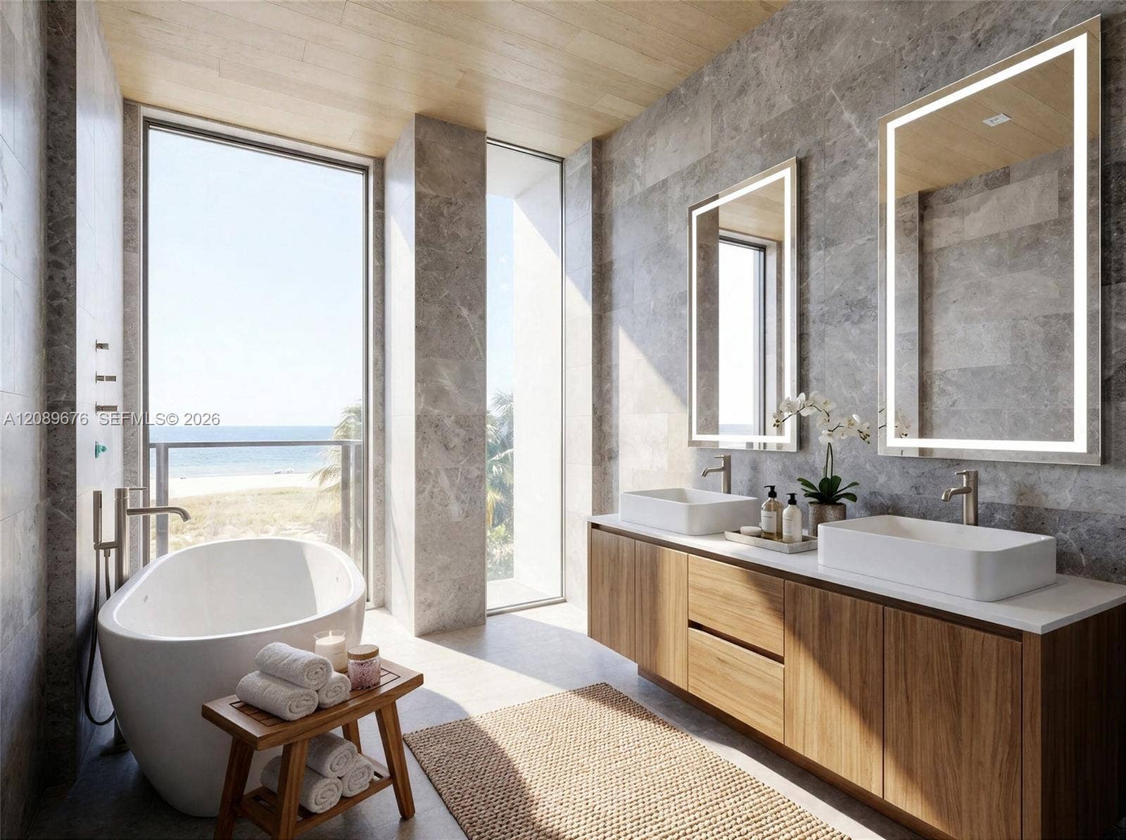 497 N Ocean Boulevard, #1, Pompano Beach, FL 33062 Rendering, virtually staged. Primary bath.