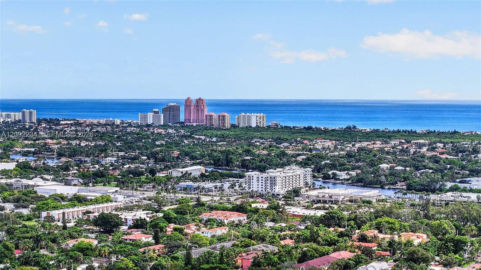 1401 NE 9th Street, #50, Fort Lauderdale, FL 33304 Aerial Drone View from above the Townhouse to the Beach, which is only 1.8 miles Straight down Sunrise Blvd to the Ocean.