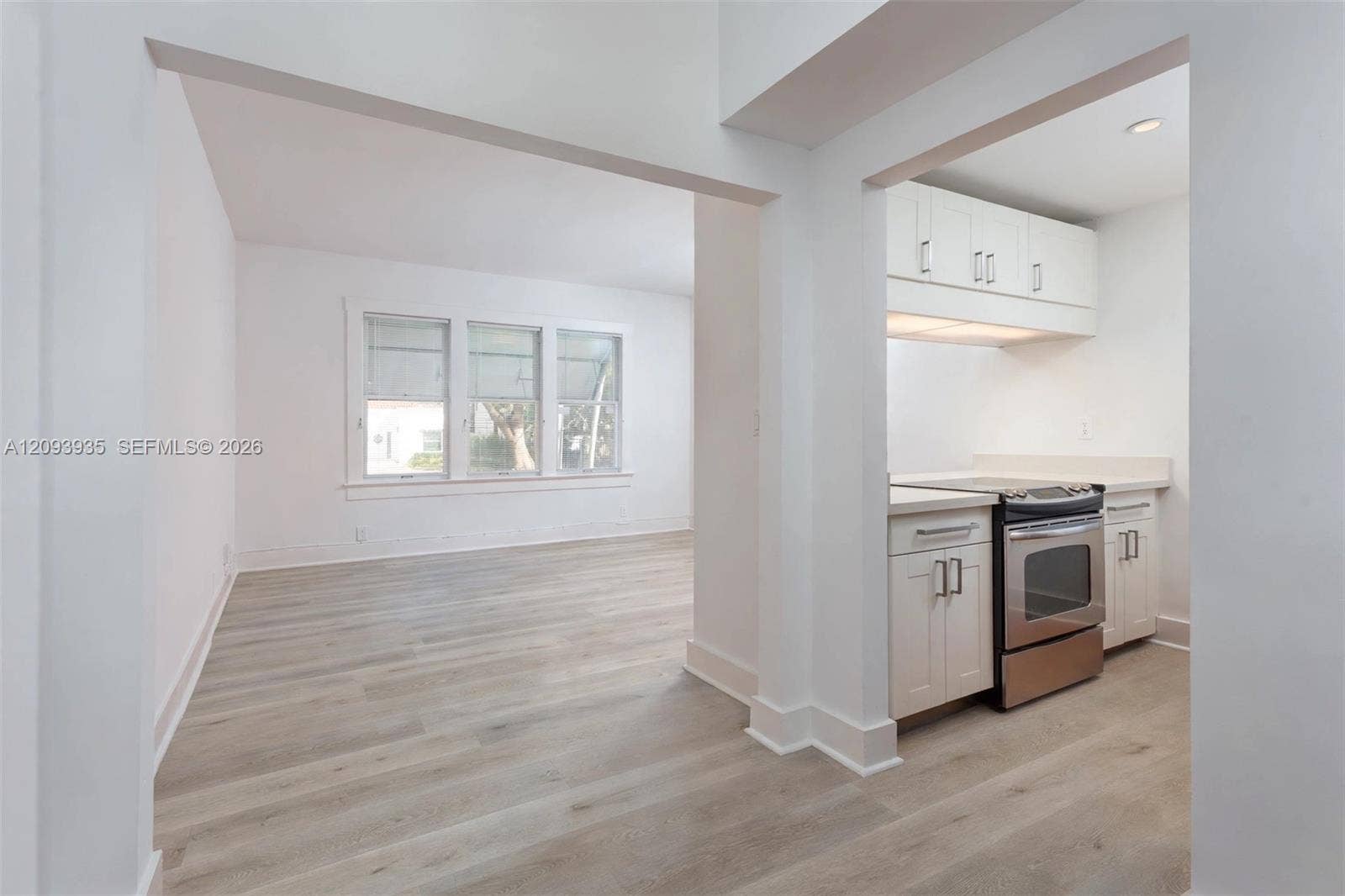 Wood-finish flooring throughout, white cabinetry with silver-tone hardware, and multiple windows with white trim