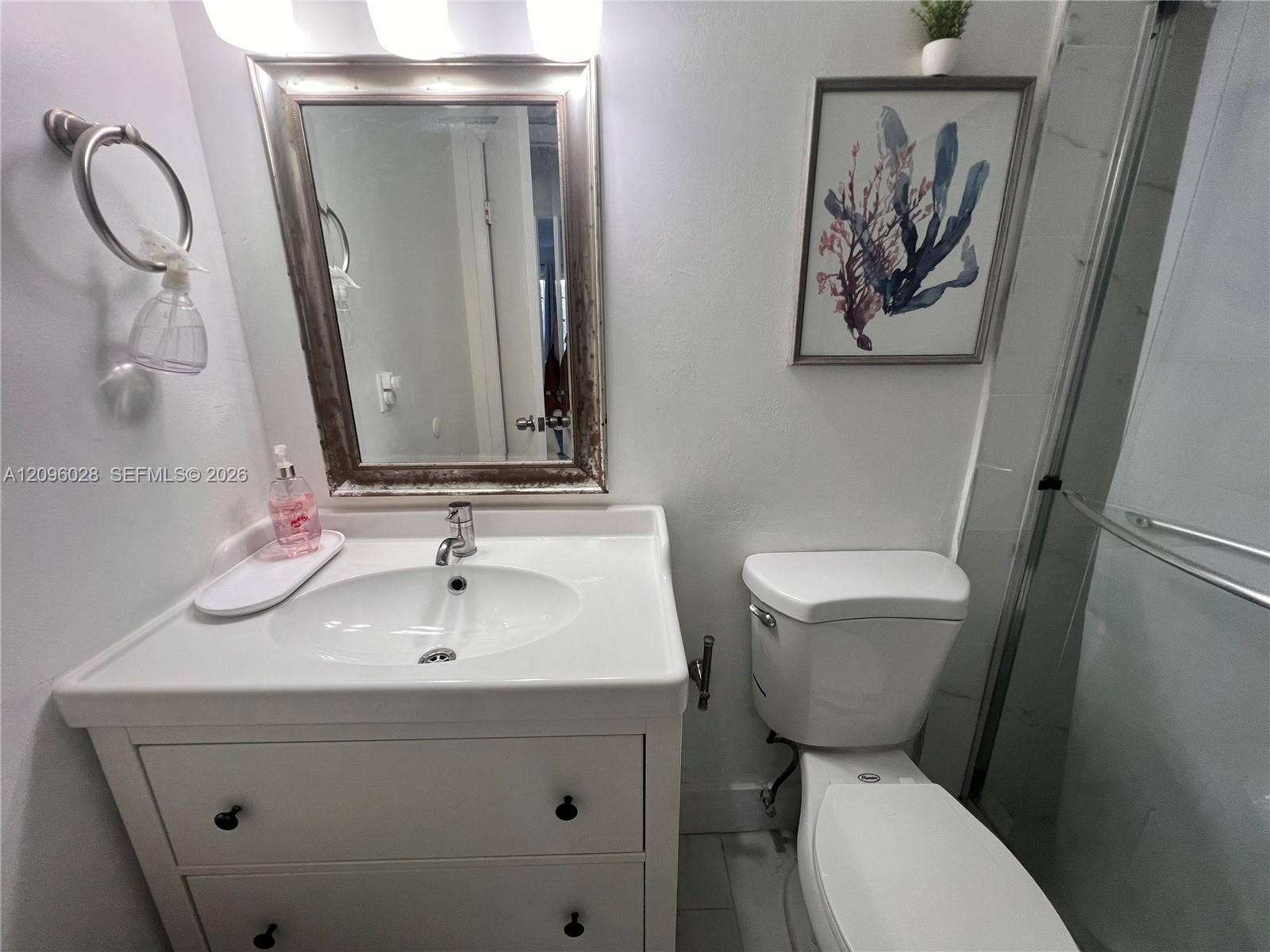 6300 SW 138th Court, #405, Miami, FL 33183 White vanity with an integrated basin, brushed metal hardware, wall-mounted mirror, overhead light fixture, and walk-in shower with sliding glass doors