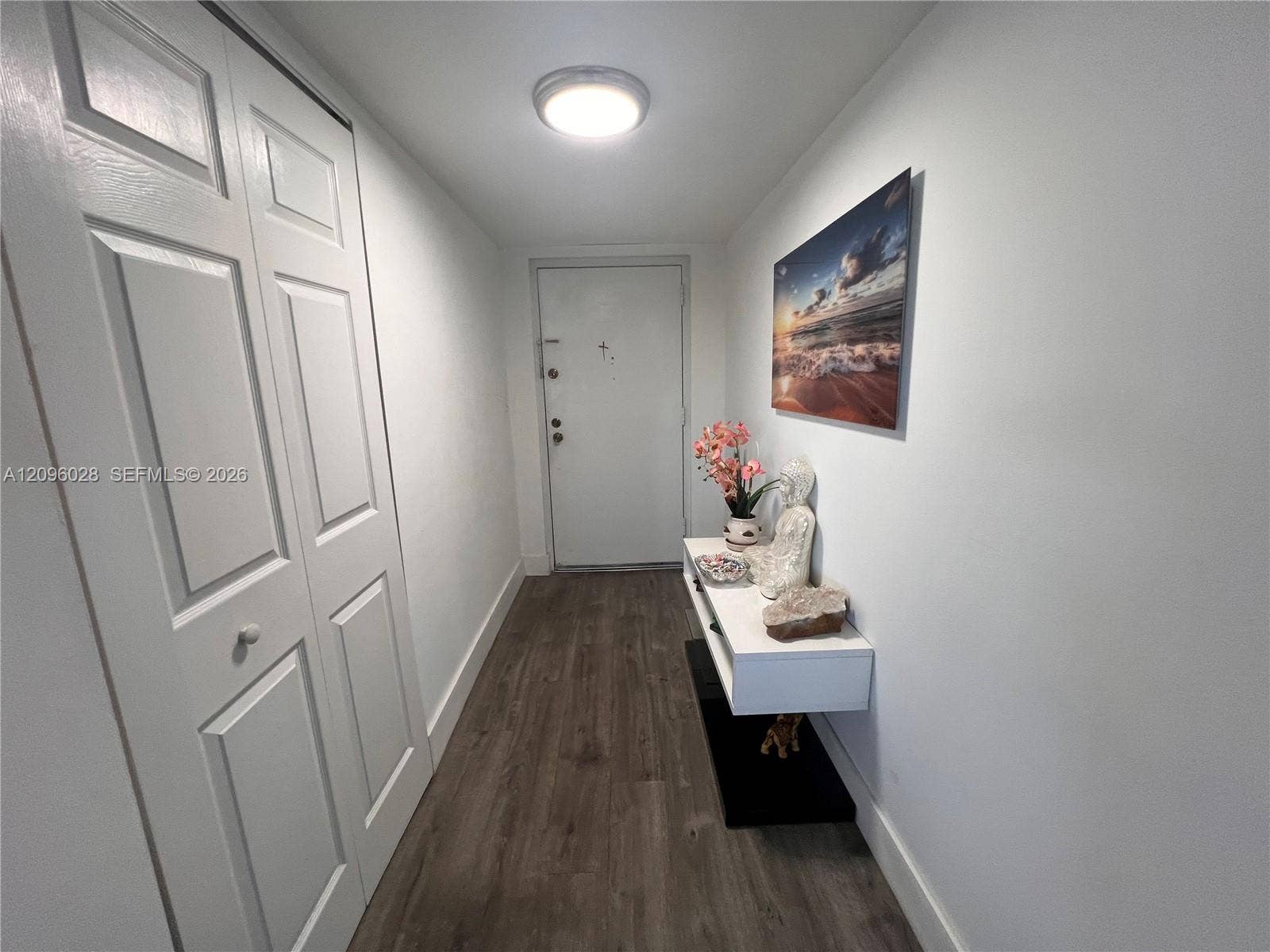 6300 SW 138th Court, #405, Miami, FL 33183 Entryway featuring wood-finish flooring, white paneling on the interior doors, and a flush-mount ceiling light