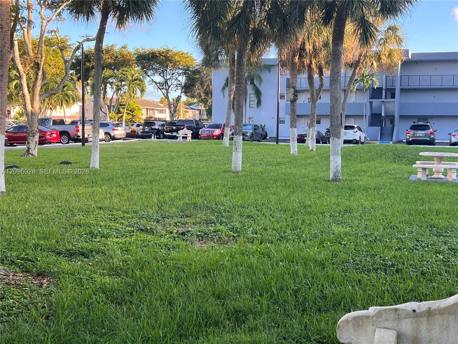6300 SW 138th Court, #405, Miami, FL 33183 Expansive green space featuring mature palm trees and stone-cast seating areas