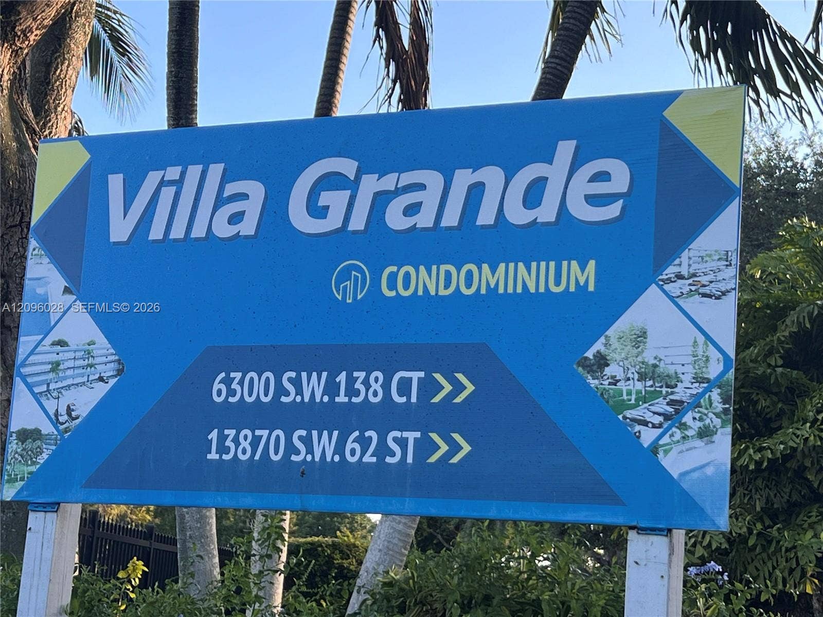 6300 SW 138th Court, #405, Miami, FL 33183 Villa Grande condominium signage featuring two-way directional markers and embedded imagery of communal grounds