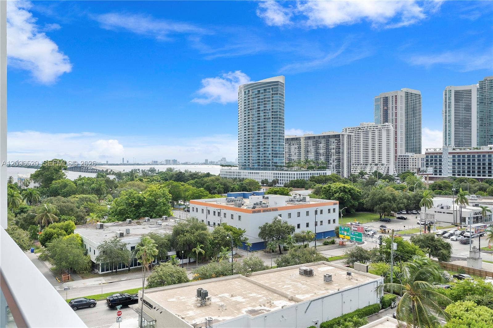 Elevated exterior perspective featuring a panoramic urban skyline, high-rise architecture, mature canopy trees, and an expansive coastal horizon