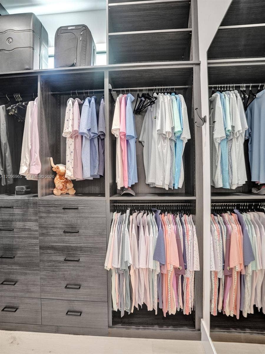 10157 SE Sandpine Lane, Hobe Sound, FL 33455 Custom built-in closet organization system featuring dark-finish wood cabinetry, integrated drawer banks with matte black pulls, multiple hanging rods, and overhead shelving storage