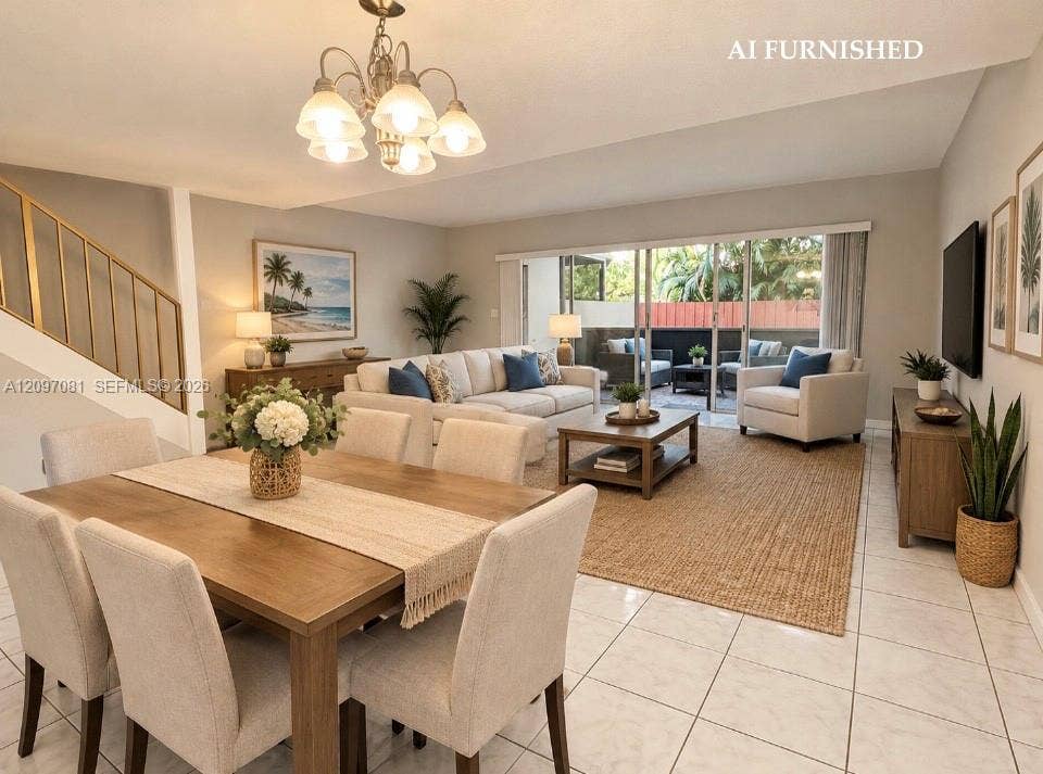 3271 Coral Springs Drive, #2, Coral Springs, Coral Springs, FL 33065 Open floor plan featuring ceramic tile flooring, a multi-arm chandelier, large sliding glass doors, and a decorative staircase railing