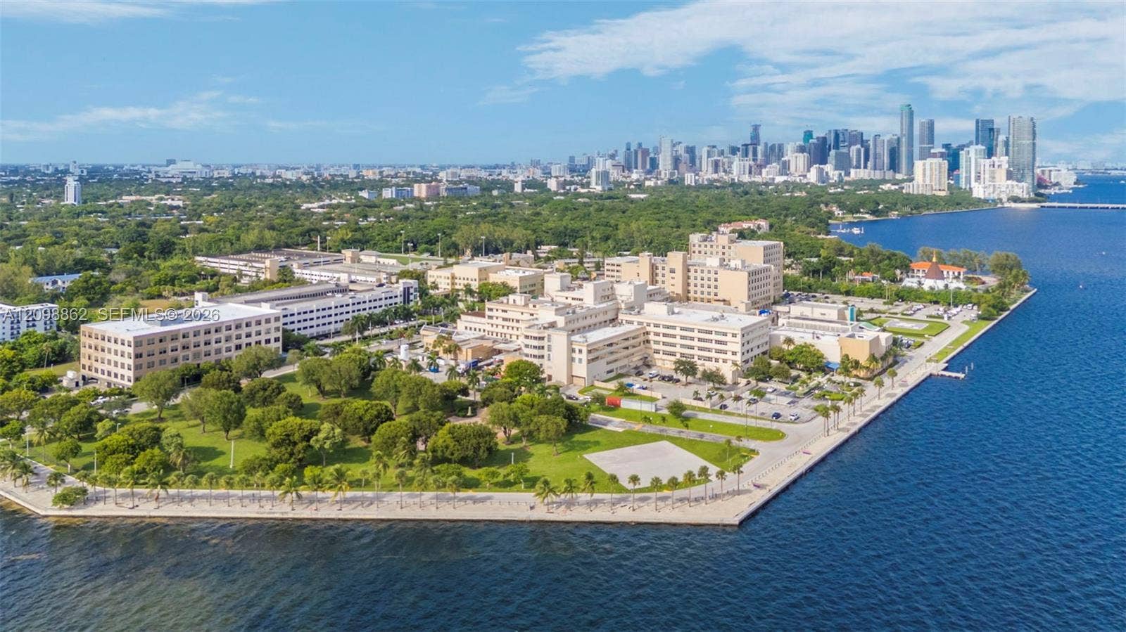 Aerial perspective featuring expansive waterfront positioning, deep-water shoreline, landscaped grounds, and a skyline backdrop