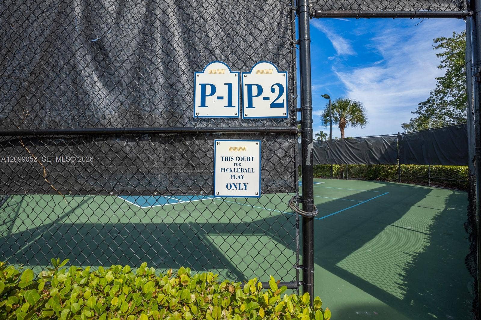 1516 Breakwater Terrace, Hollywood, FL 33019 Dedicated pickleball courts featuring perimeter chain-link fencing, privacy windscreens, and surface court markings