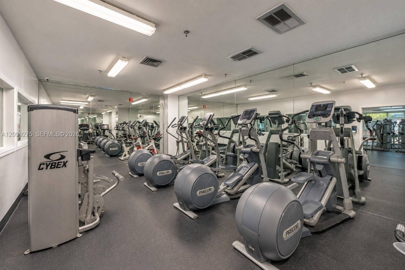 800 N Miami Avenue, #E-902, Miami, Miami, FL 33136 Fully equipped fitness center featuring a wide selection of cardio machines, including elliptical trainers, along with mirrored walls and modern exercise equipment for a convenient indoor workout experience.