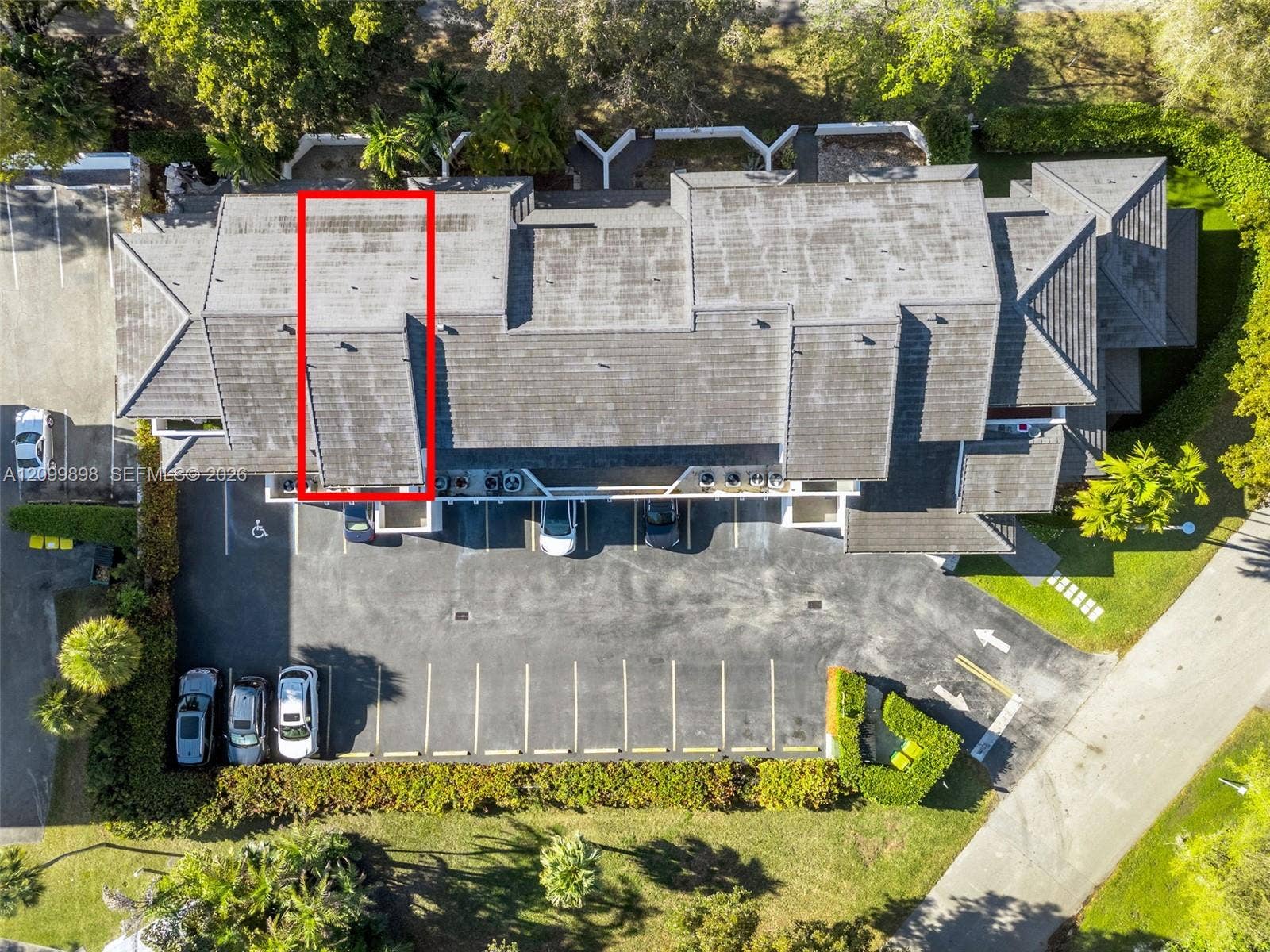 5750 Turin Street, #206, Coral Gables, FL 33146 Unit 206 is outlined in the red lines and you can see the large balcony facing to the South at tree-top heighst and overlooks a quiet residential Family neighborhood.
