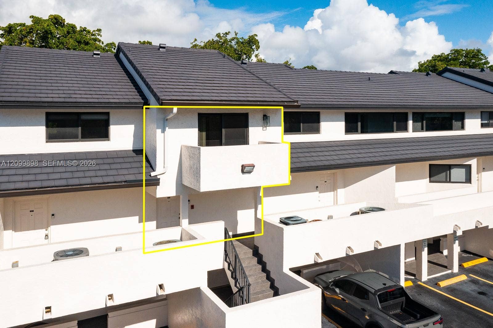 5750 Turin Street, #206, Coral Gables, FL 33146 Notice that yellow line "high-lites" showing unit 206 & the front door is just to the left of the staircase. You see the balcony off the Primary Bedroom on the second floor looking South to South East at "tree-top" level over a QUIET RESIDENTIAL NEIGHBORHOOD! 5750 Turin St, a small boutique Building with only 13 units and was built in 1988! Only 1 block From University Shopping Center and the "University Metro-Rail Station" and only 2 blocks away from University of Miami's main campus!!